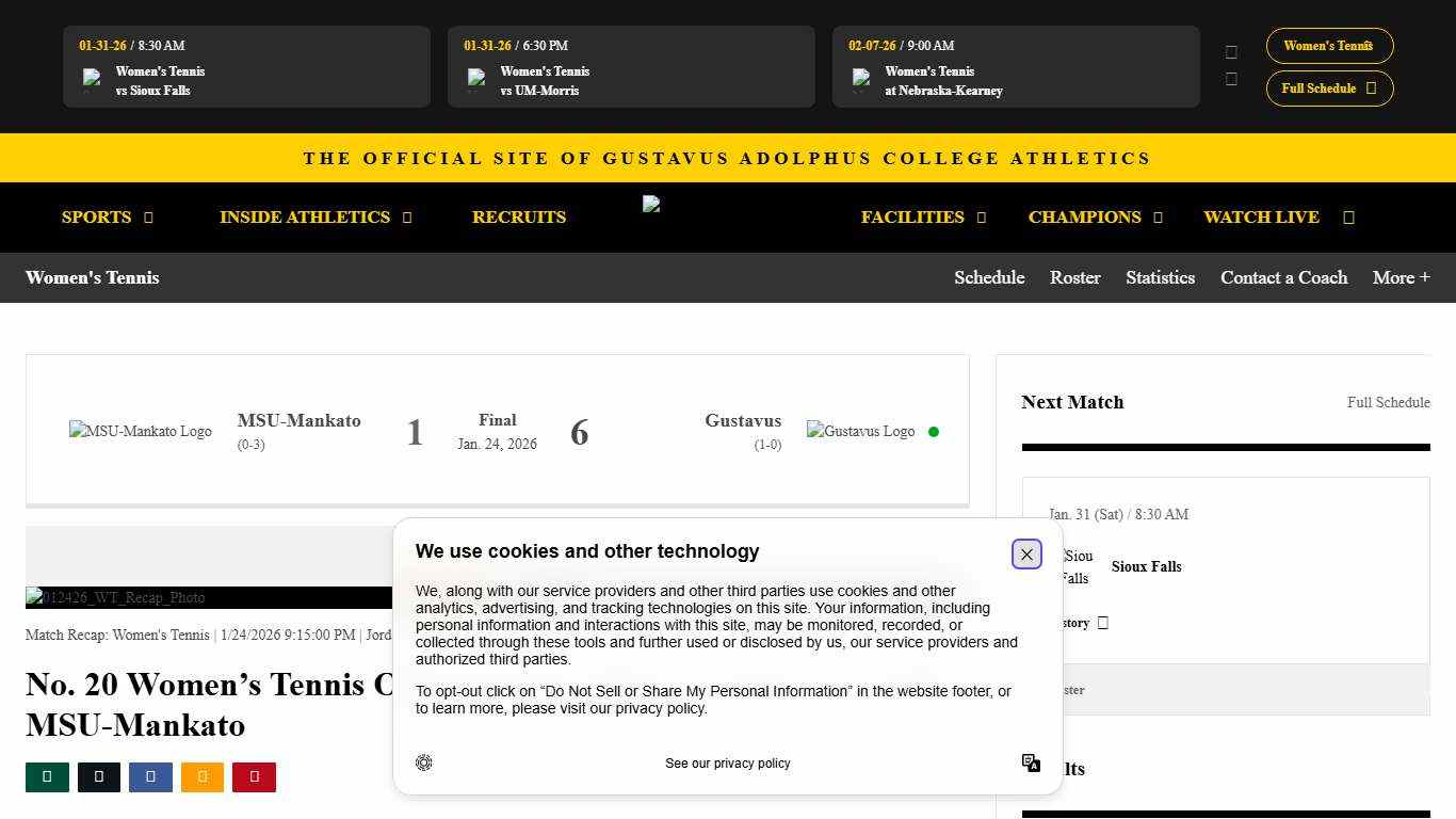 No. 20 Women’s Tennis Opens Season with 6-1 Victory over DII MSU-Mankato - Gustavus Adolphus College